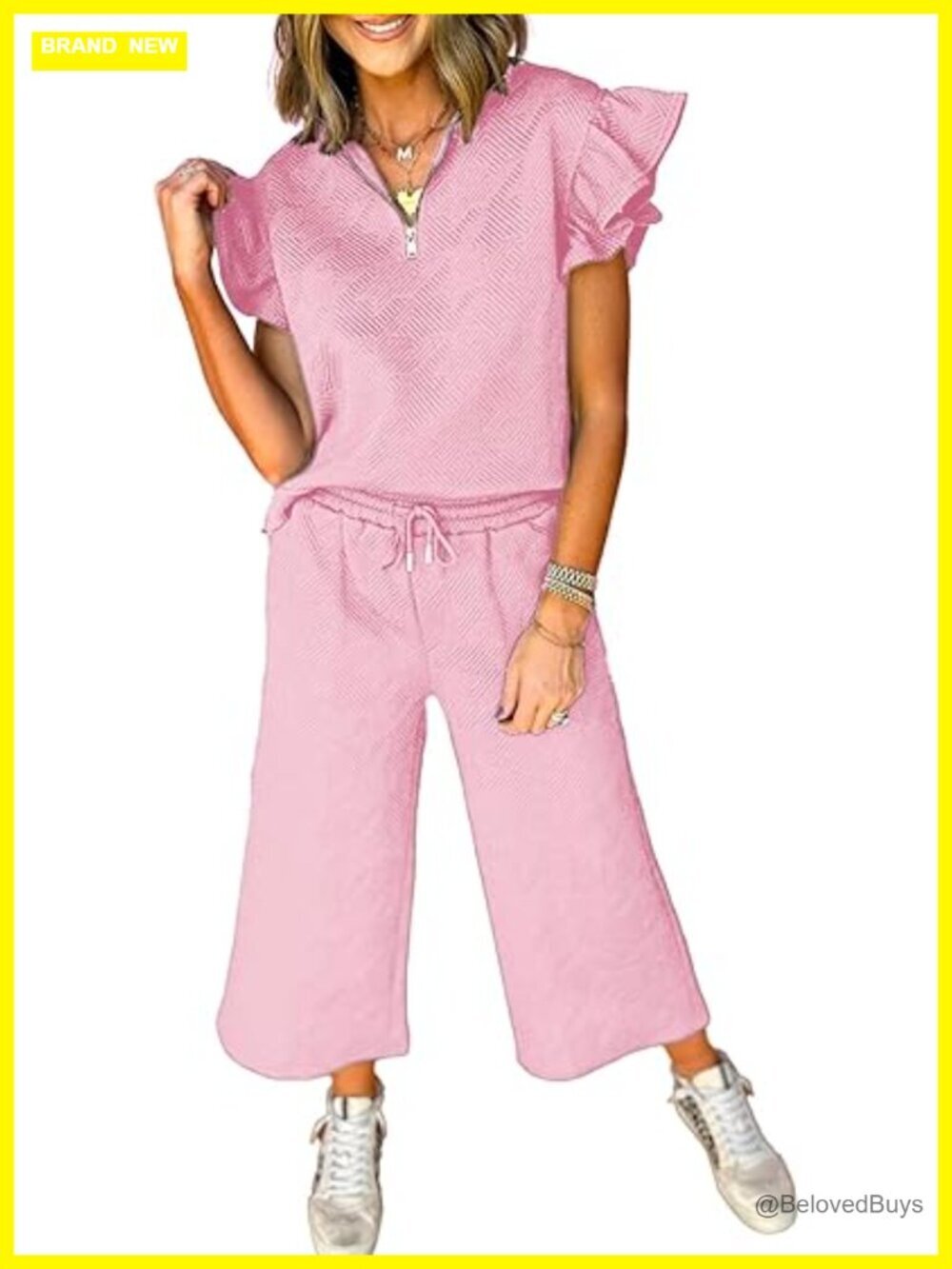 V Neck Ruffle Short Sleeve Polo Quarter Zip Pullover Lounge Set